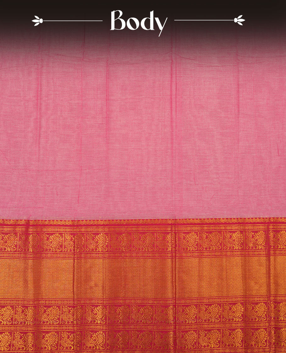 Pink colour Narayanapattu cotton saree featuring a self coloured body, contrast Rani pink colour with gold zari border and pallu, pairing a matching blouse piece.
