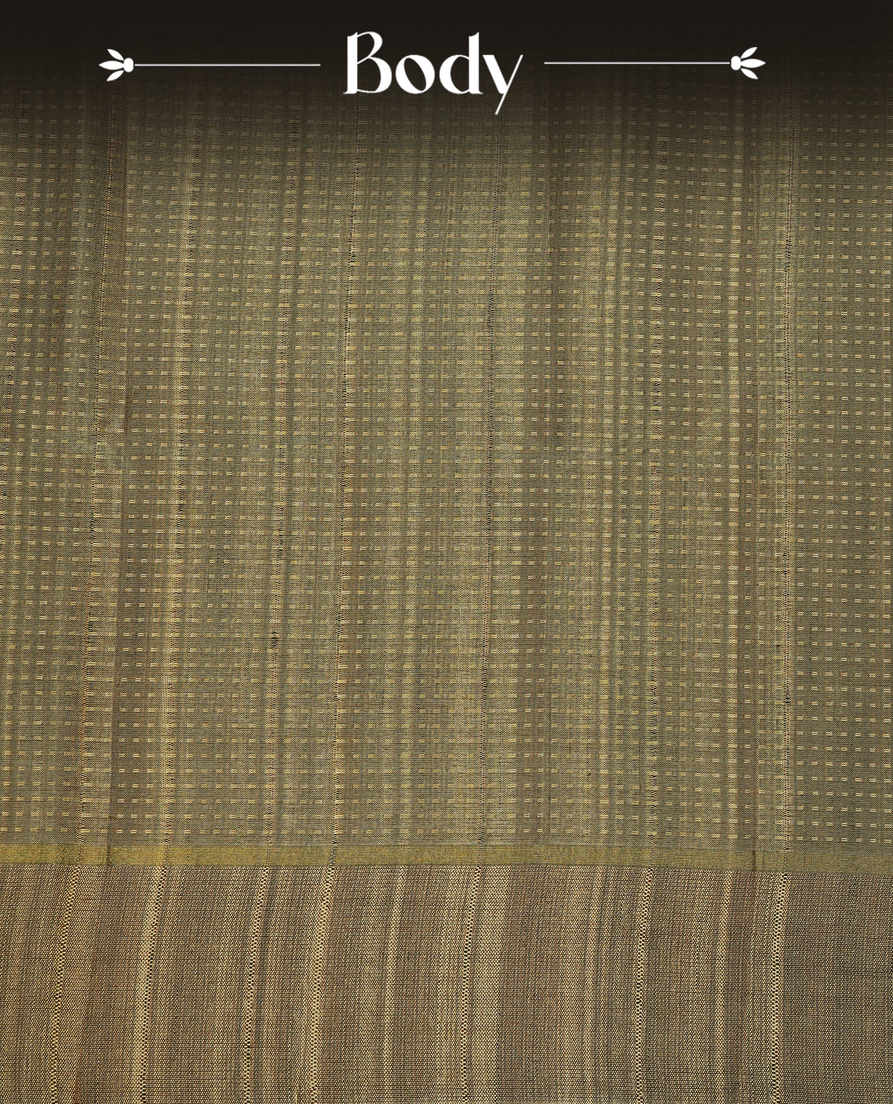 Antique gold colour semi tussar silk saree featuring elegant gold zari dotted stripes across the body, enhanced with a rich zari woven border. Comes with a matching blouse piece.