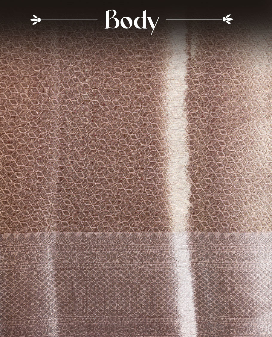 Dark Gold colour Pure banaras tissue silk saree featuring gold zari brocade design across body, with contrast pink colour with silver zari brocade border, finished with a matching blouse.