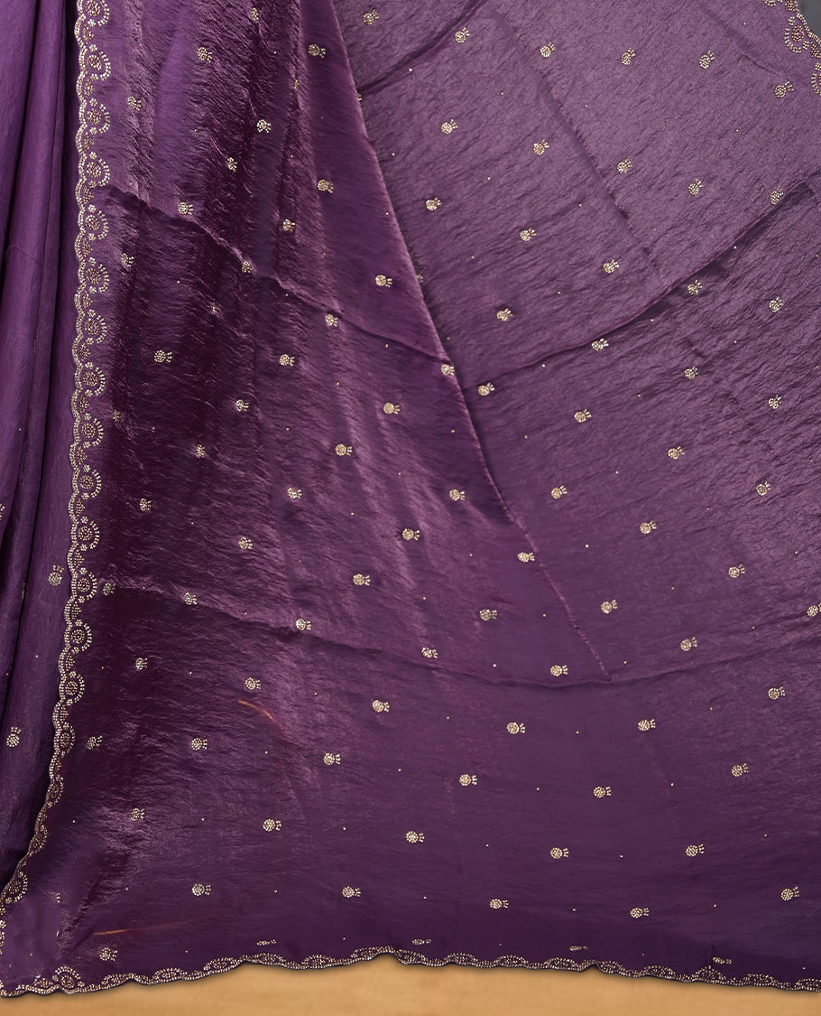 Deep Violet Colour velvet Chiffon Designer Saree featuring Delicate White Stone motifs on Body, with Stone Detailing on the Border and Pallu, paired with a Matching Blouse.