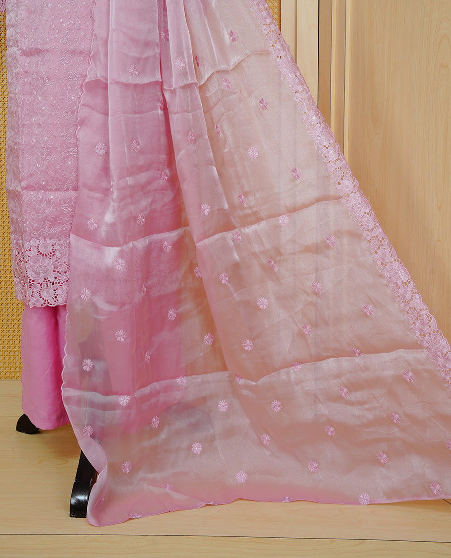 Onion Pink colour churidar set with delicate floral embroidery on the kurta, lace-trimmed sleeves and hem, paired with a matching embroidered dupatta and solid pants.