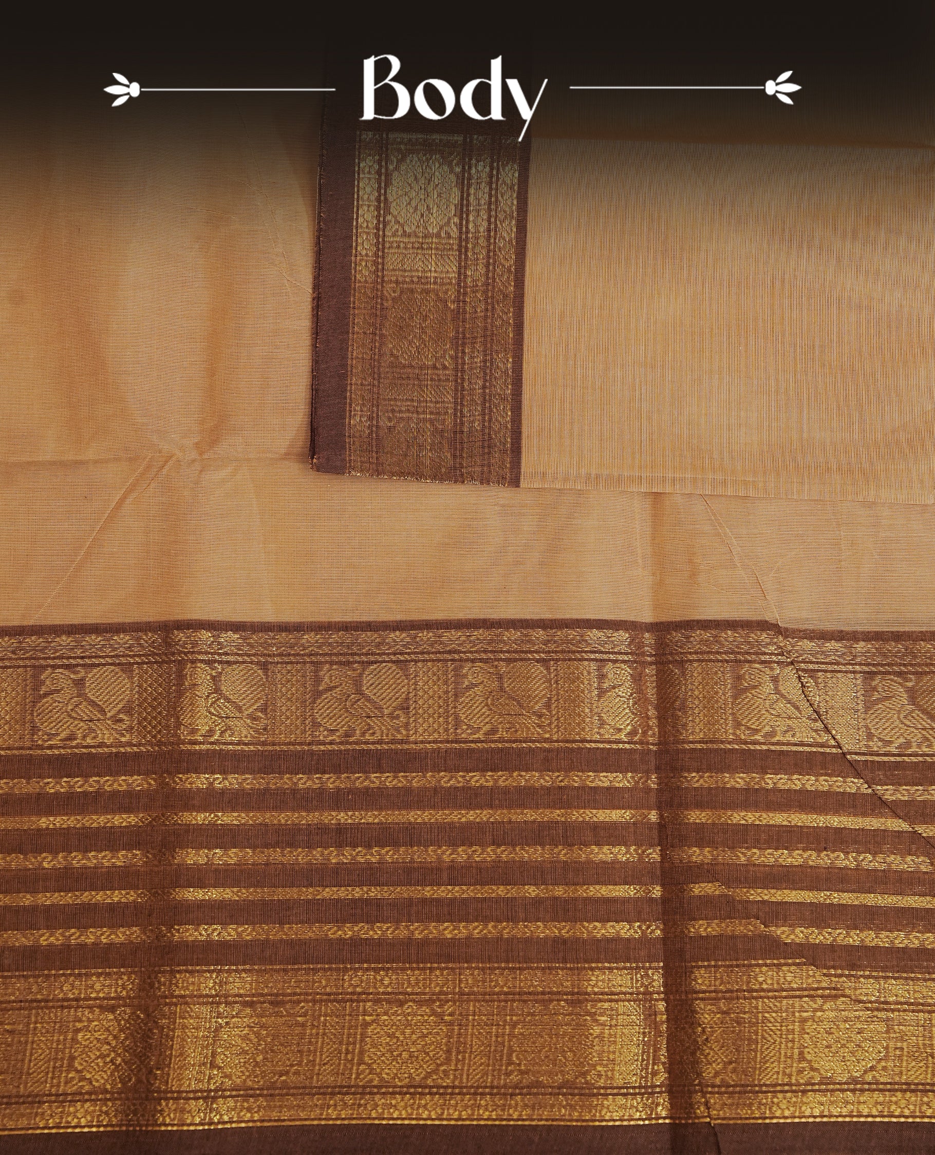 Cream colour chettinad cotton saree featuring Elegant plain body, complemented by contrast brown colour with gold zari strip & peacock border, comes with matching blouse piece.