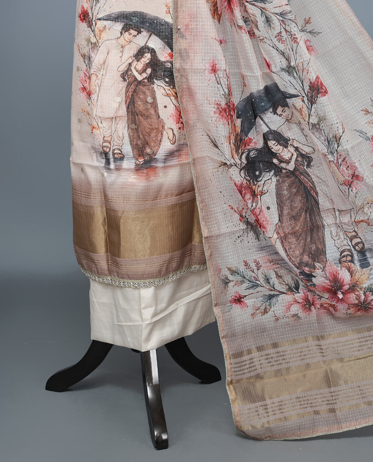 Cream Beige Colour Kotta Net Salwar Material Featuring Elegant Prints with Delicate Butti Detailing on the Kurta, paired with a matching bottom & beautifully printed Dupatta.