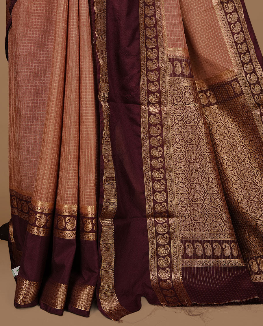 Coffee colour semi georgette saree featuring gold zari check pattern on body, complemented by contrast chocolate colour with zari border, paired with matching blouse piece.