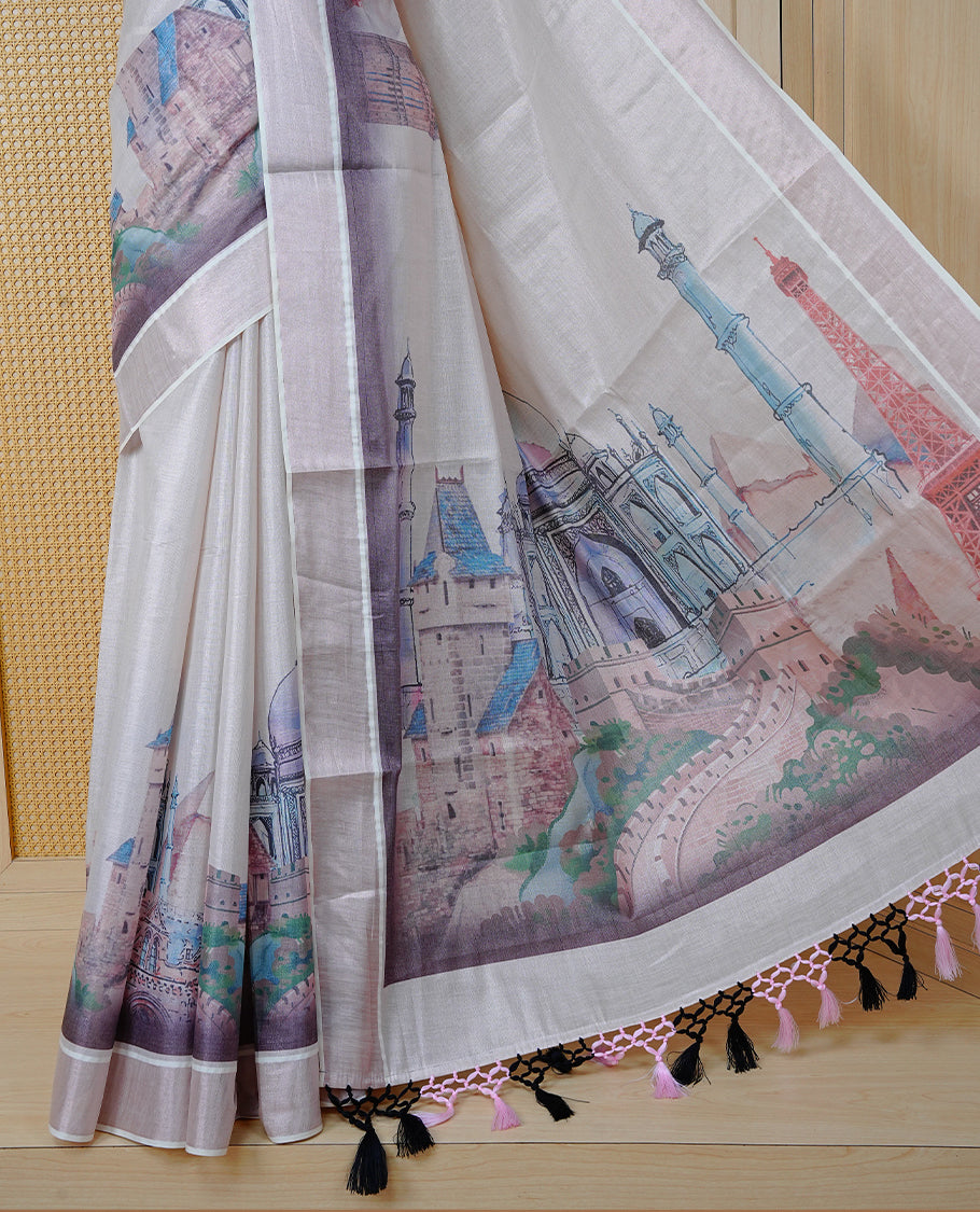 Cream colour tissue Kerala Saree featuring a clean plain body with painted style digital prints of Seven Wonders, rose gold border, Finished with pink and black tassels, and paired with a matching blouse piece.