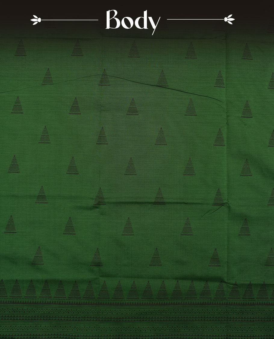 Dark Green colour poly cotton saree with black temple motifs on the body, paired with a matching pallu with black woven traditional border, and a coordinated all‑over geometric printed blouse piece.