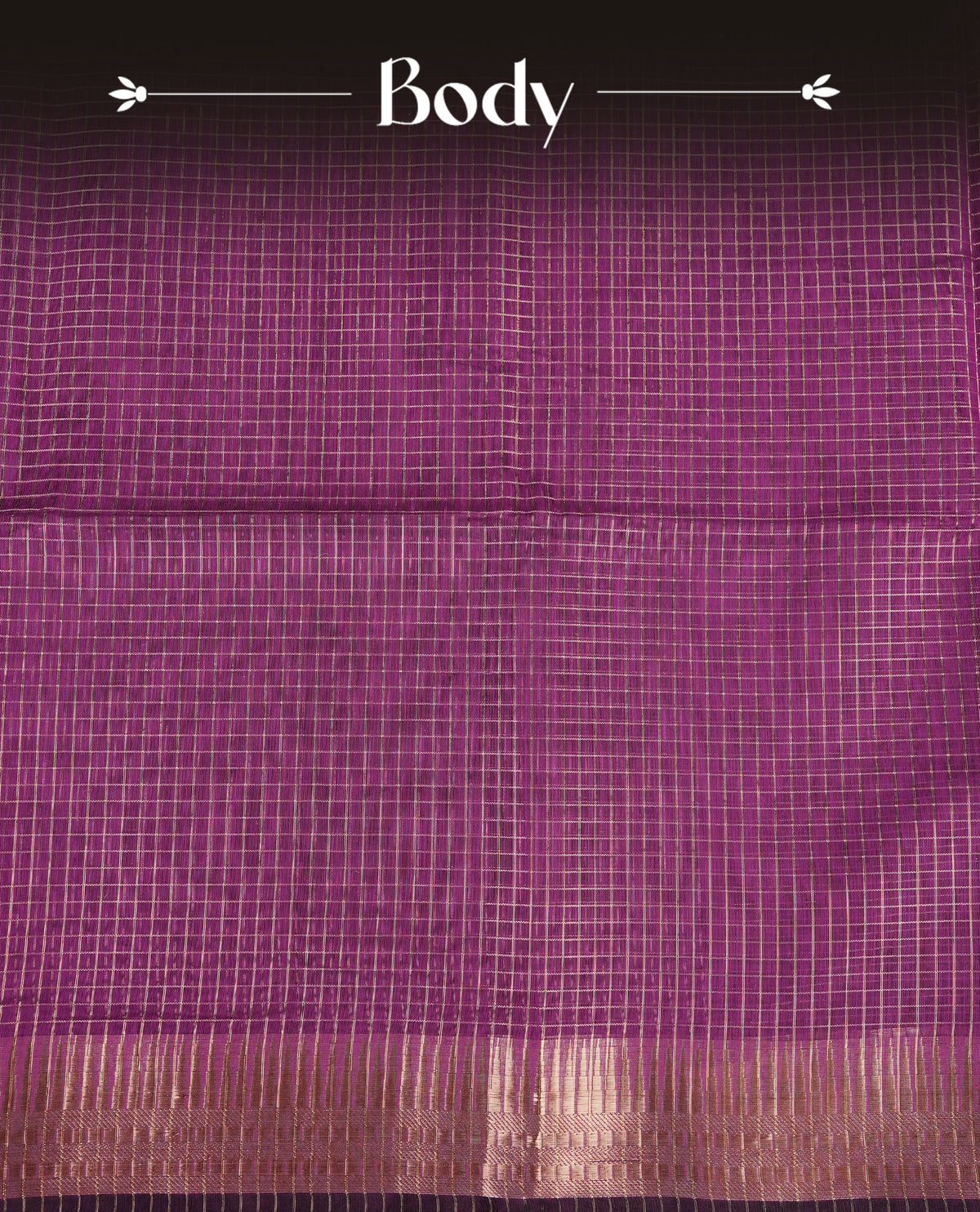 Grape colour Maheshwari cotton saree, gold zari small checks on body, complement self colour gold zari temple design border comes with matching blouse.