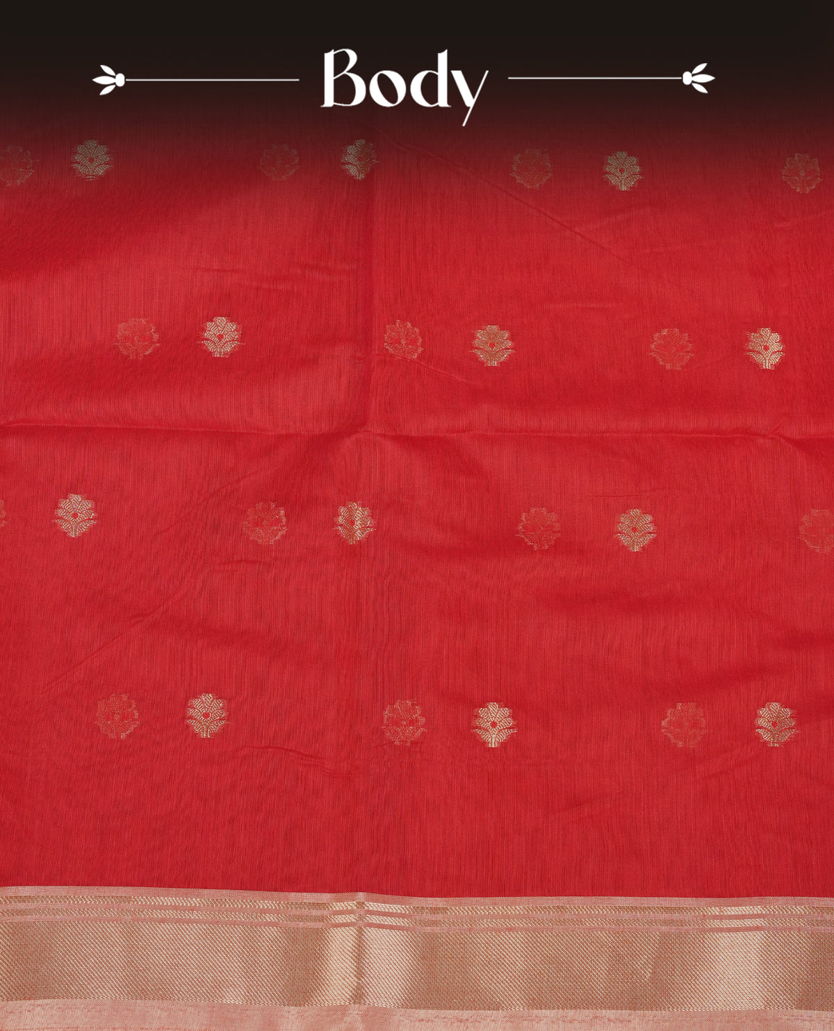 Red colour Maheshwari cotton saree, gold zari floral motifs on body, complement peach colour gold zari border comes with matching blouse.