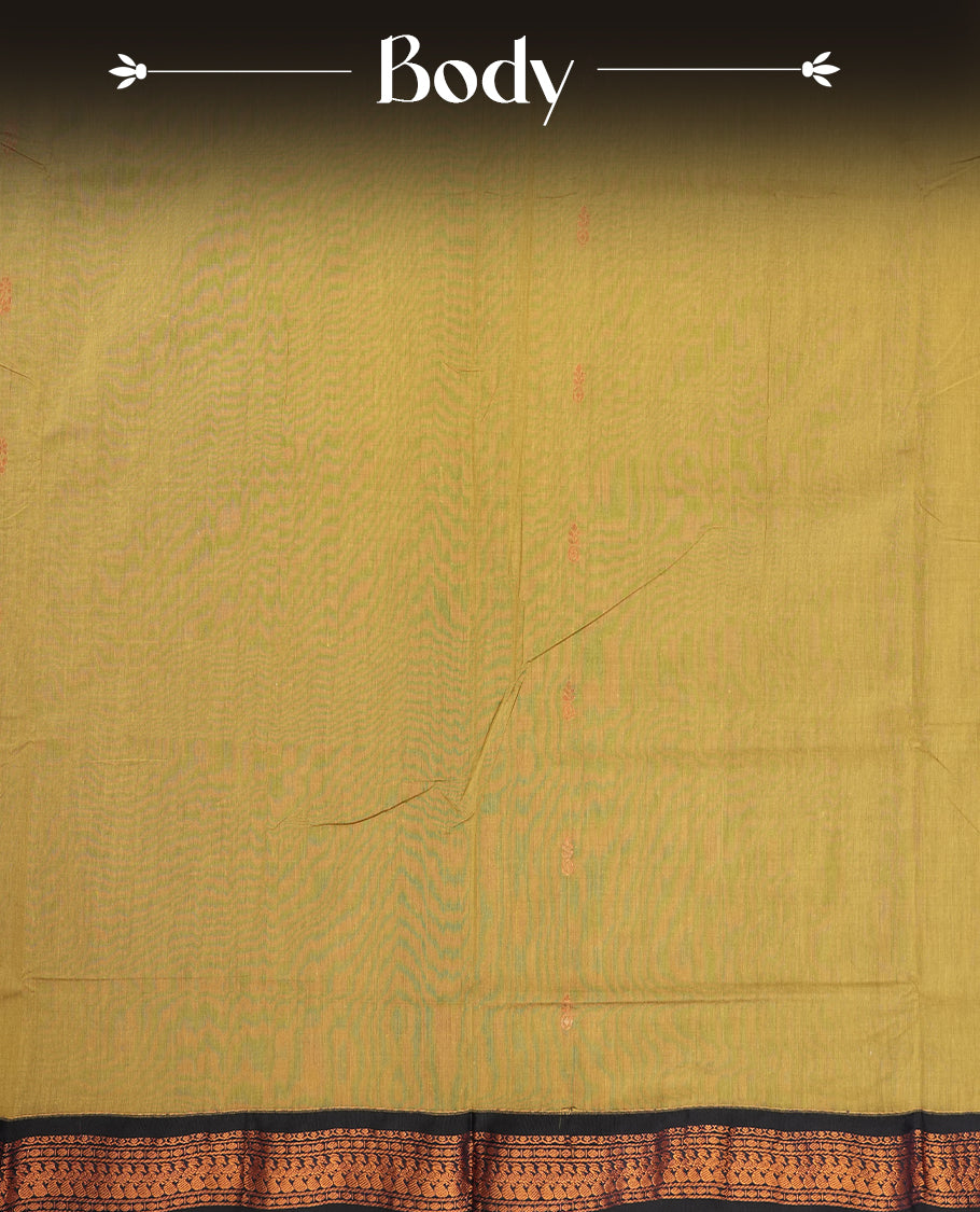 Golden yellow colour Kalyani Cotton saree with subtle zari woven motifs all over, paired with a contrasting deep navy blue rich copper zari border and pallu & Comes with a matching blouse piece.