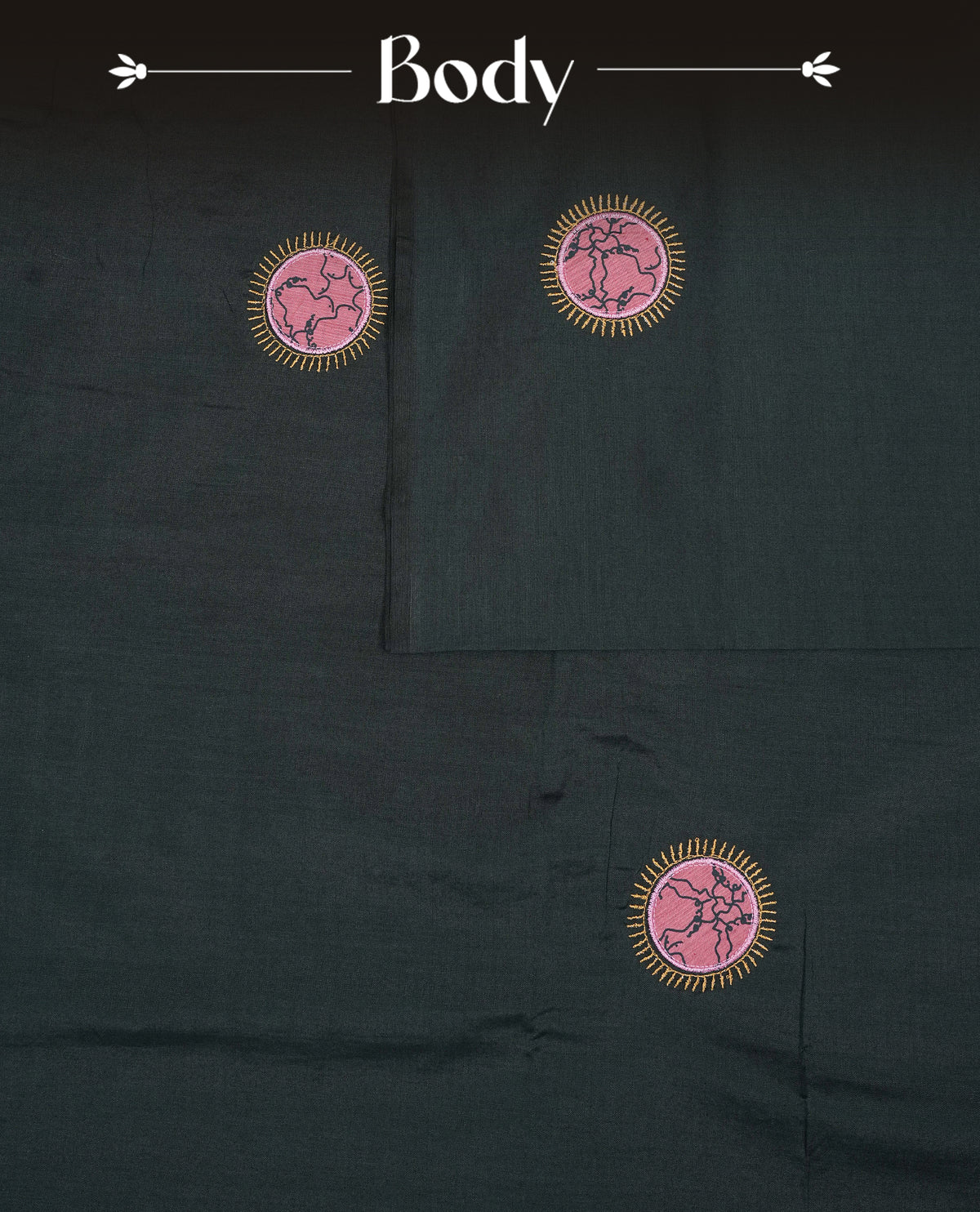 Bottle green colour Polycotton Saree featuring elegant Circle ajarkh designs on the body, complemented by a matching pallu & Paired with a contrasting printed blouse piece