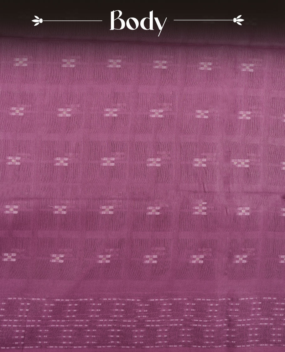 Dark Magenta purple colour semi jute saree highlighting white thread motifs on body, without border and paired with matching blouse.