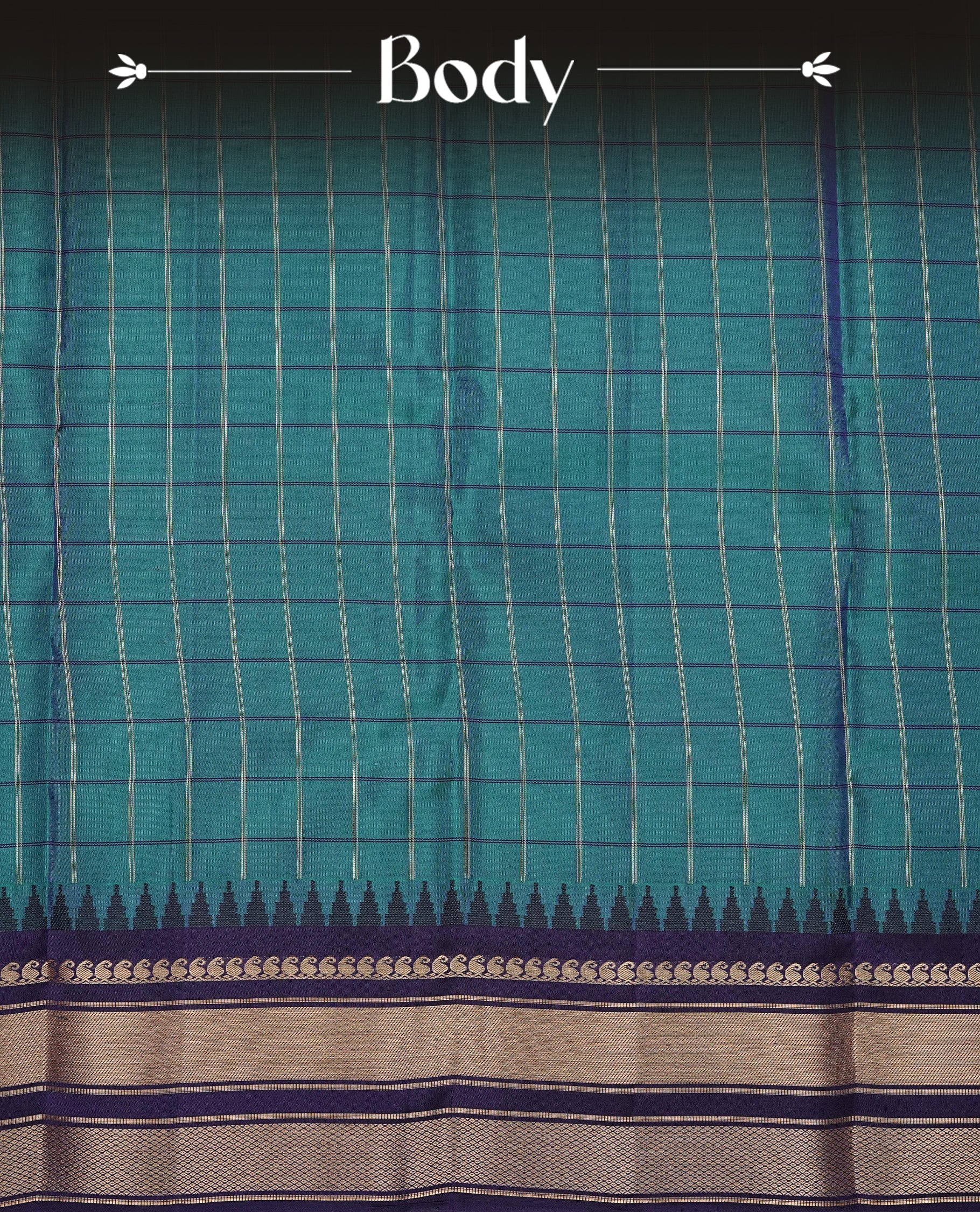 Peacock Blue colour Kancheepuram silk saree featuring Check pattern on body, complemented by Navy blue colour with Traditional border, comes with matching blouse piece.