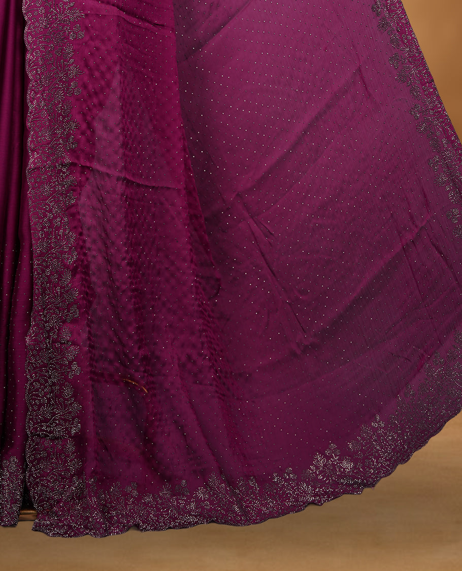 Dark Purple Colour Chiffon Designer Saree featuring Delicate White Stone Work All Over the Body, with Stone Detailing on the Border and Pallu, paired with a Matching Blouse.
