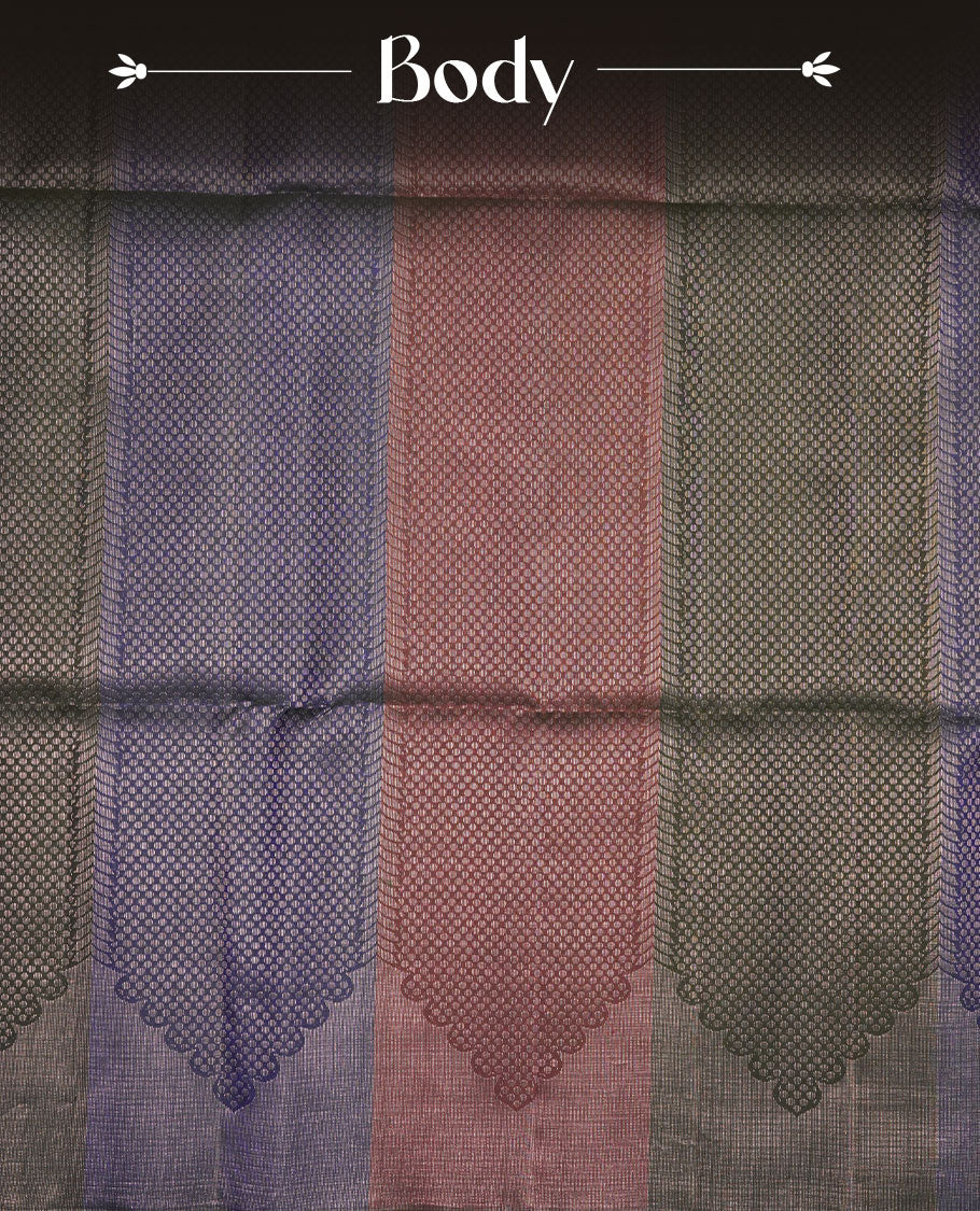 Green, Brown, blue colour soft silk saree featuring gold zari motifs on body, complemented by self colour with traditional border with tassel at pallu, paired with matching blouse piece.