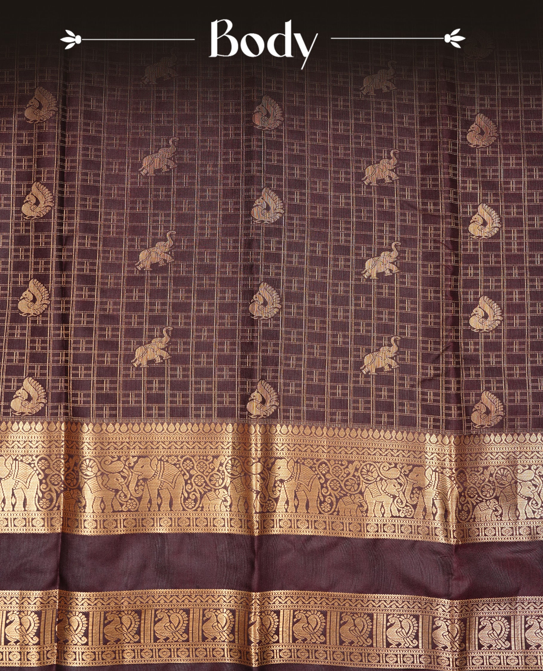 Chocolate Colour Semi Wedding Silk Saree Featuring Gold Zari Checks With Buttas, Showcased with self colour With Traditional Border, Paired With Matching Blouse Piece.