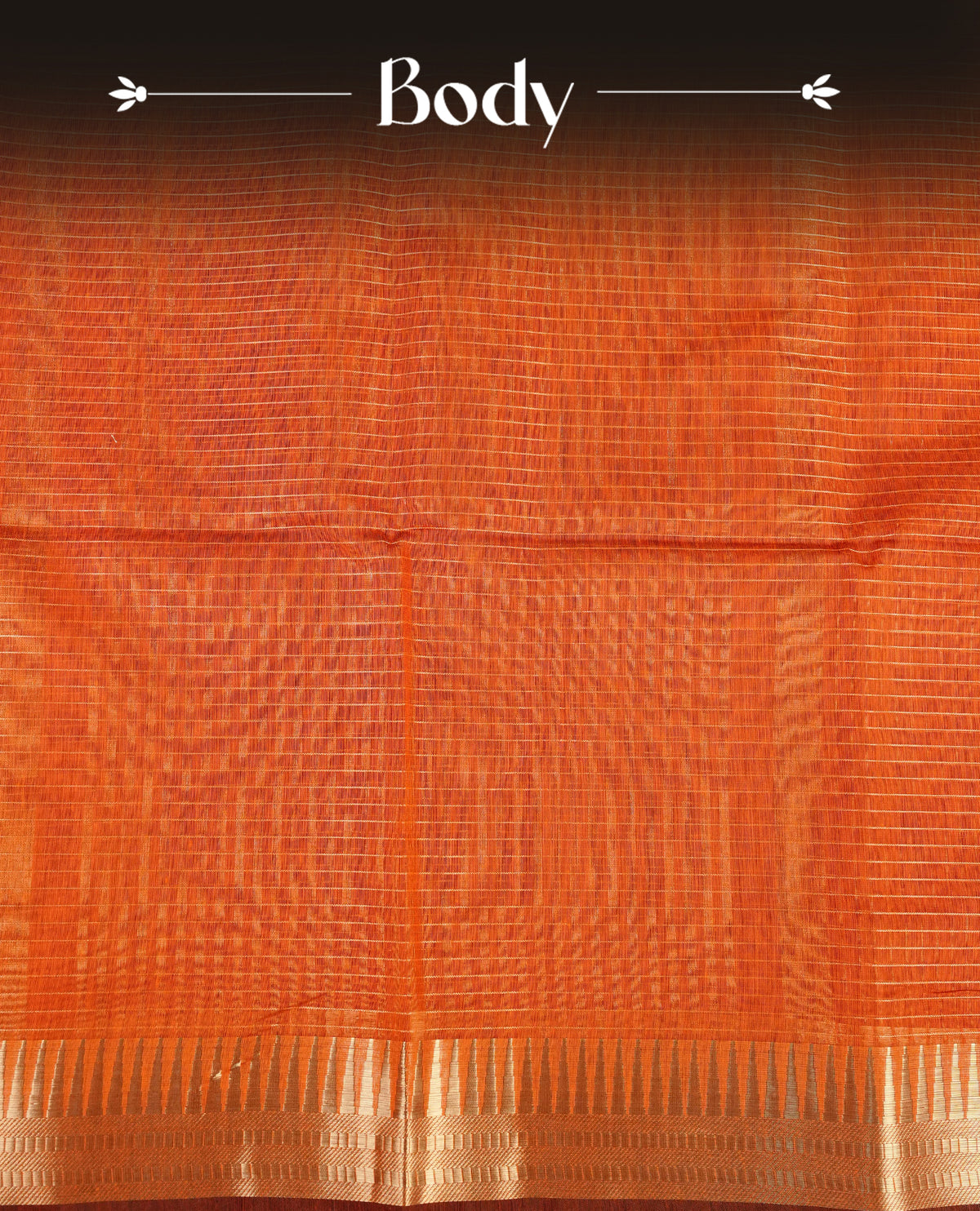 Rust orange colour Maheshwari cotton saree, gold zari small checks on body, complement self colour gold zari temple design border comes with matching blouse.