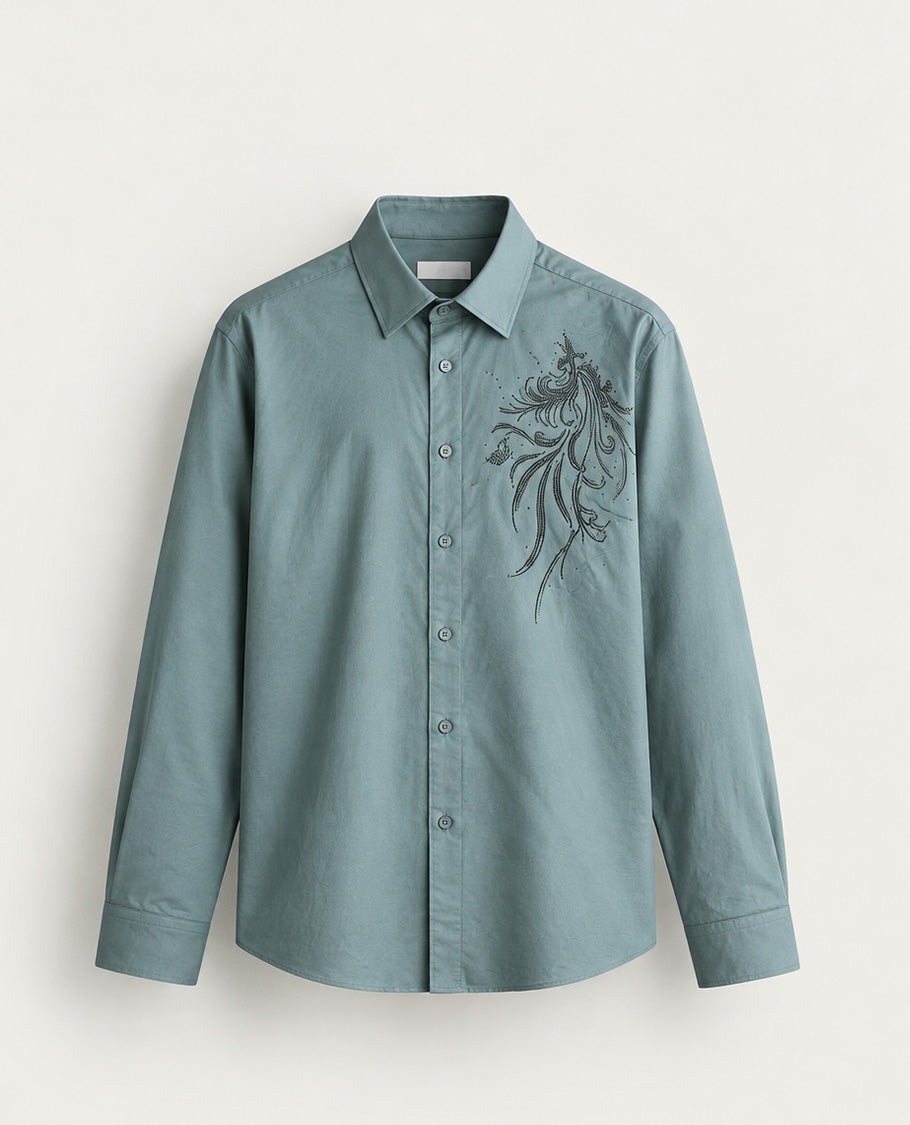 Steel colour shirt with Stone work on Shoulder portion, Full sleeve.