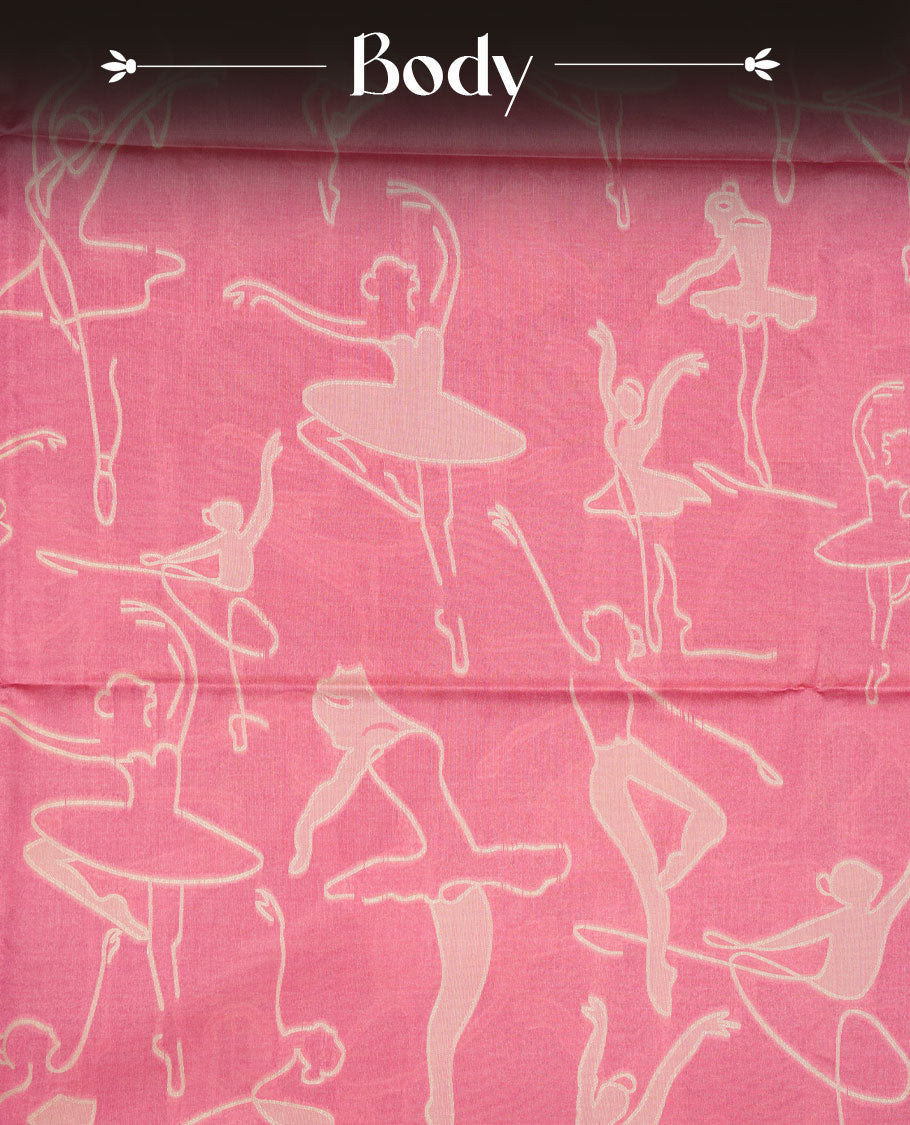 Pink colour semi tussar silk saree, featuring an intricate white dancing women motif on the body and pallu with gold zari , comes with matching blouse.