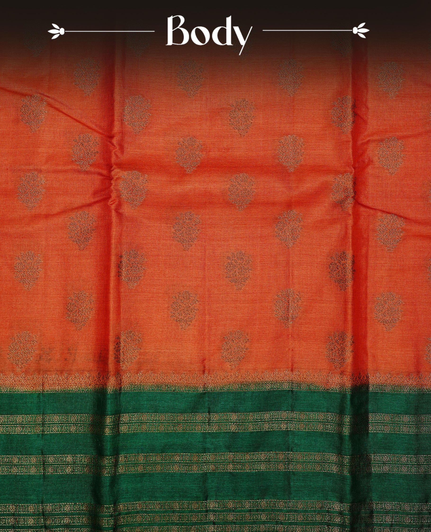 Rust orange colour pure tussar Banaras silk saree featuring elegant gold zari motifs across the body, complemented by a contrast Green border with rich zari detailing. Comes with a matching blouse piece