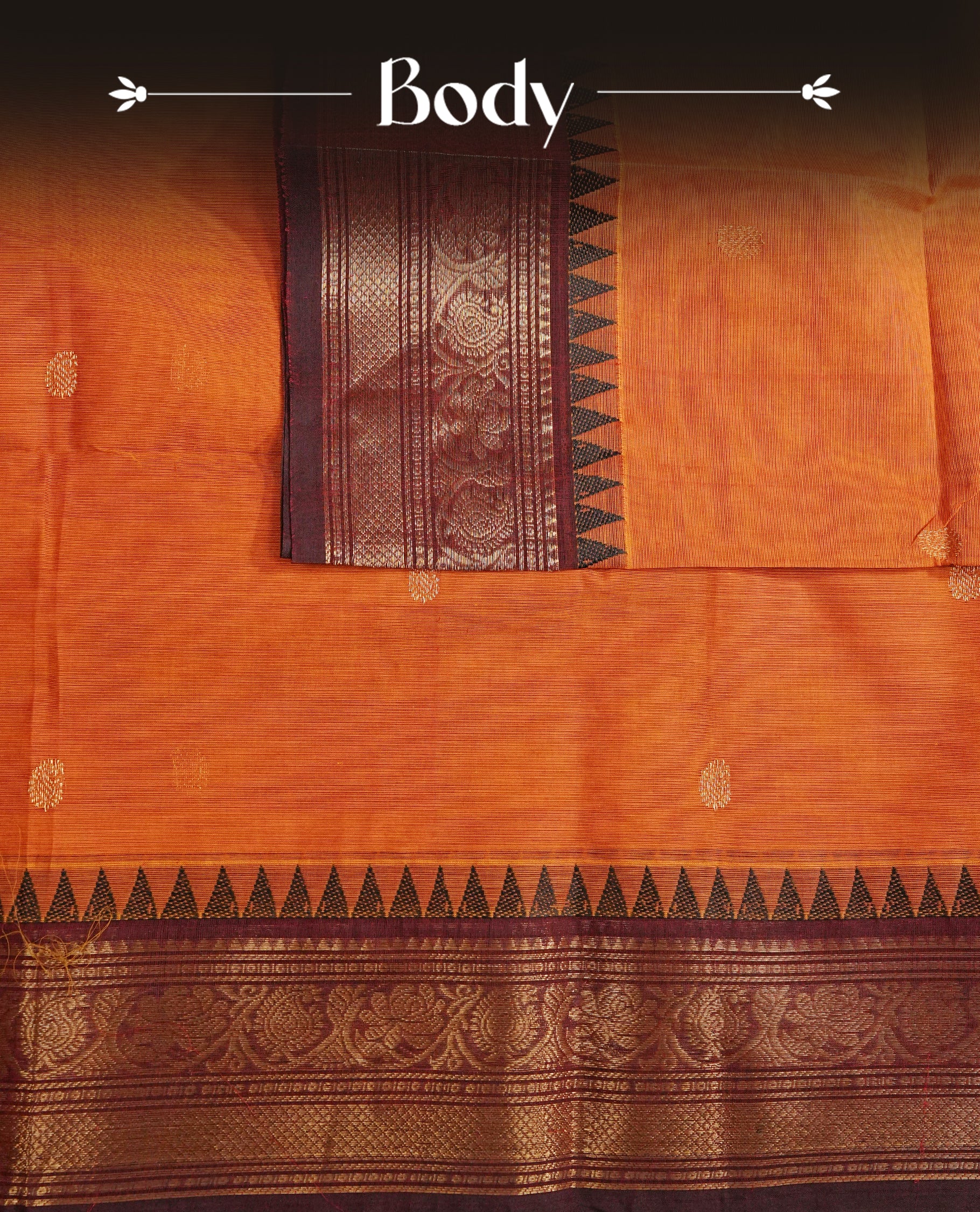 Orange colour chettinad cotton saree featuring Elegant plain body, complemented by contrast Brown colour with gold zari border, comes with matching blouse piece.