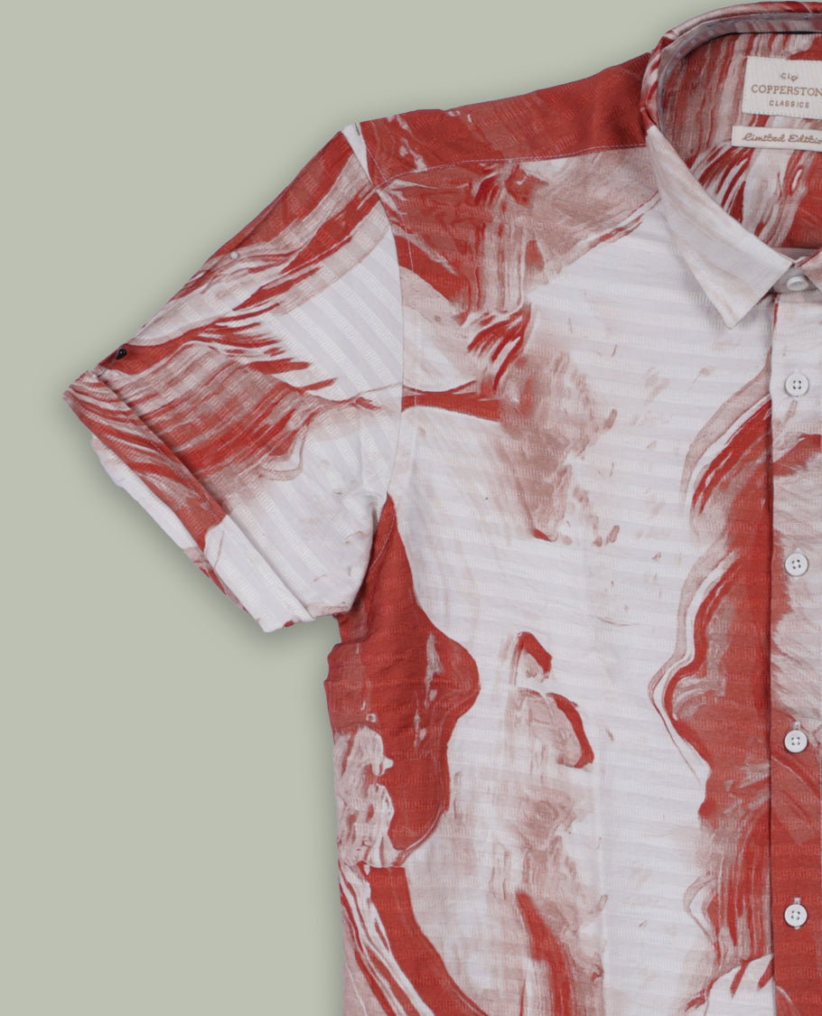 Off white colour shirt featuring a subtle brick red colour self print design, Designed with a classic collar and short sleeves, it blends effortless style with everyday comfort.