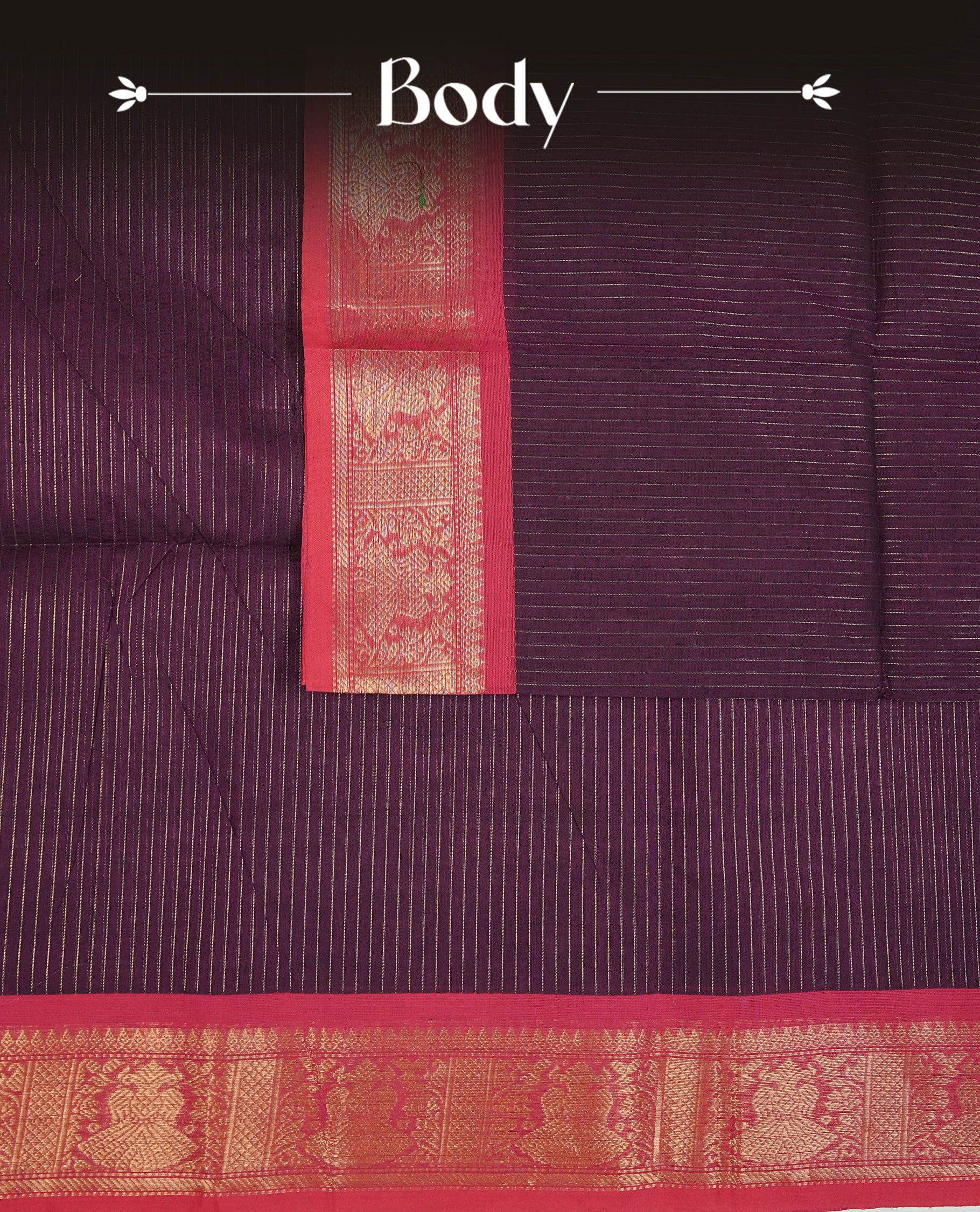 Purple Colour Chettinad Cotton Saree Featuring Gold Zari Stripes on the Body, Complemented by a Gold Zari Border and a Contrast Colour Striped Pallu, Paired with a Matching Blouse Piece.