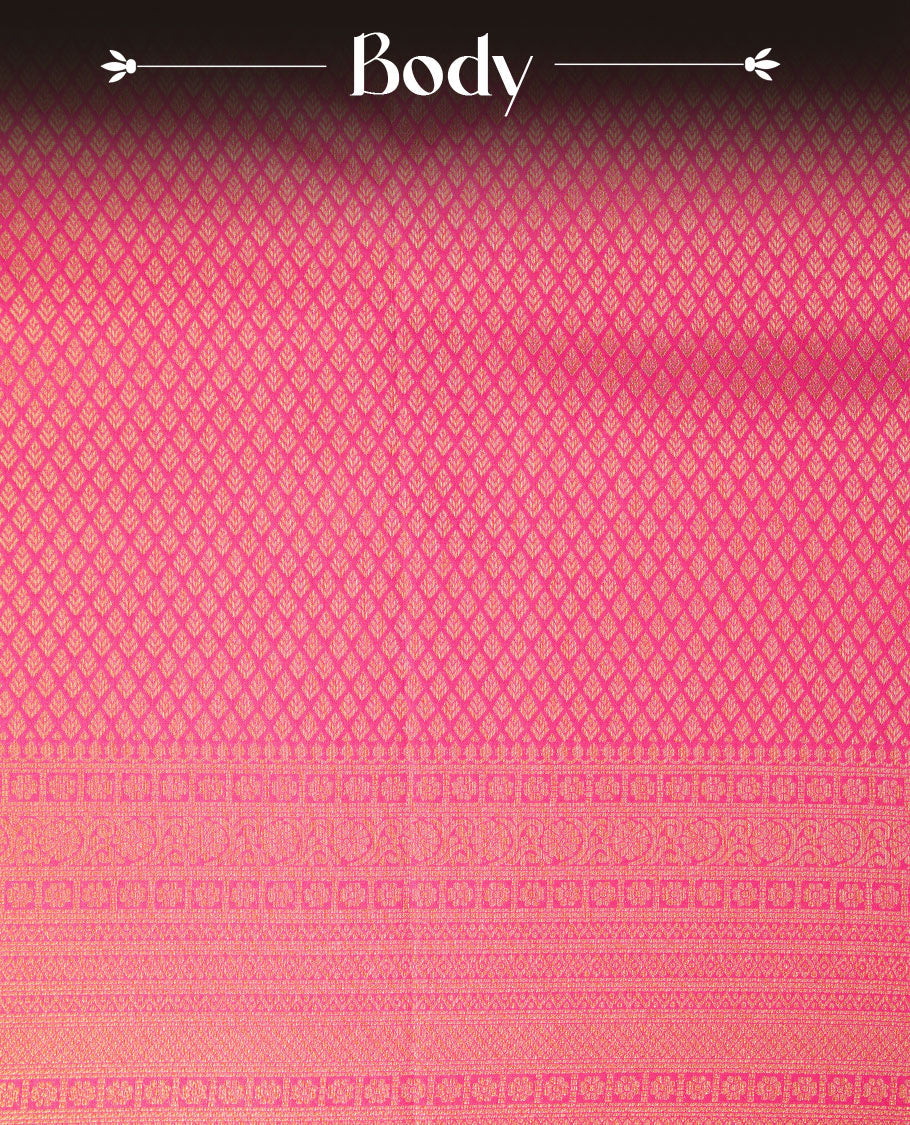 Rani pink colour semi soft silk brocade saree featuring delicate gold brocade patterns on the body, highlighted with a self-colour woven border and pallu, paired with a matching blouse piece.