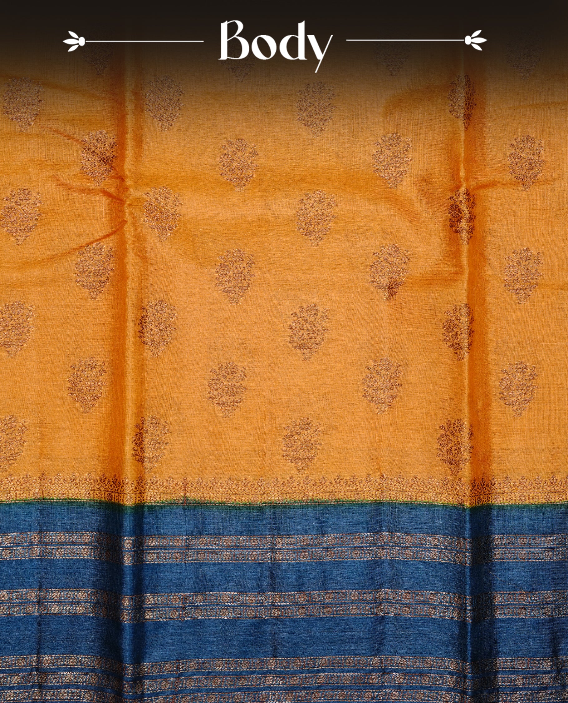 Mustard colour pure tussar banaras silk saree featuring gold zari motifs on body, highlighting contrast teal colour with zari border, paired with matching blouse piece.