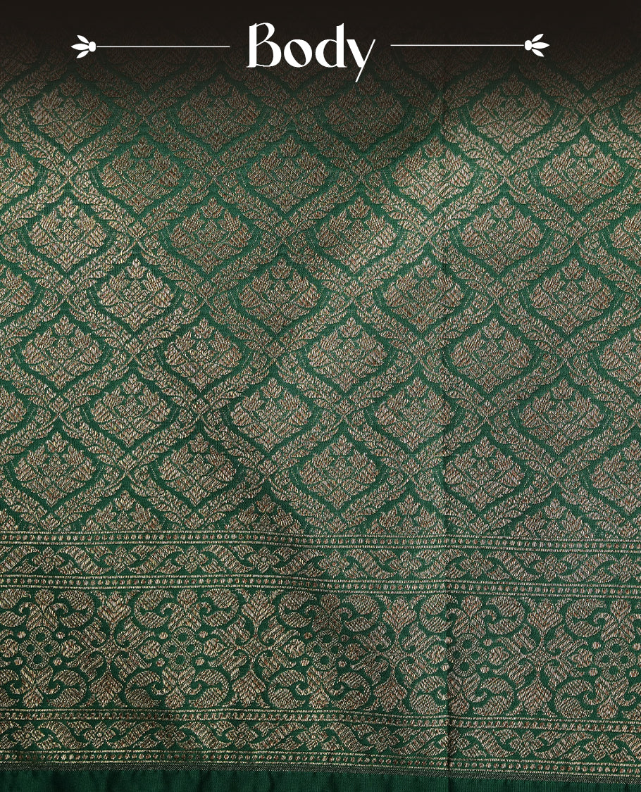 Forest Green Colour Semi Banarasi Katan Silk Saree with Gold Zari Buti Motifs, Traditional Gold Floral Pallu, Elaborate Woven Border, Decorative Tassels with Matching Blouse