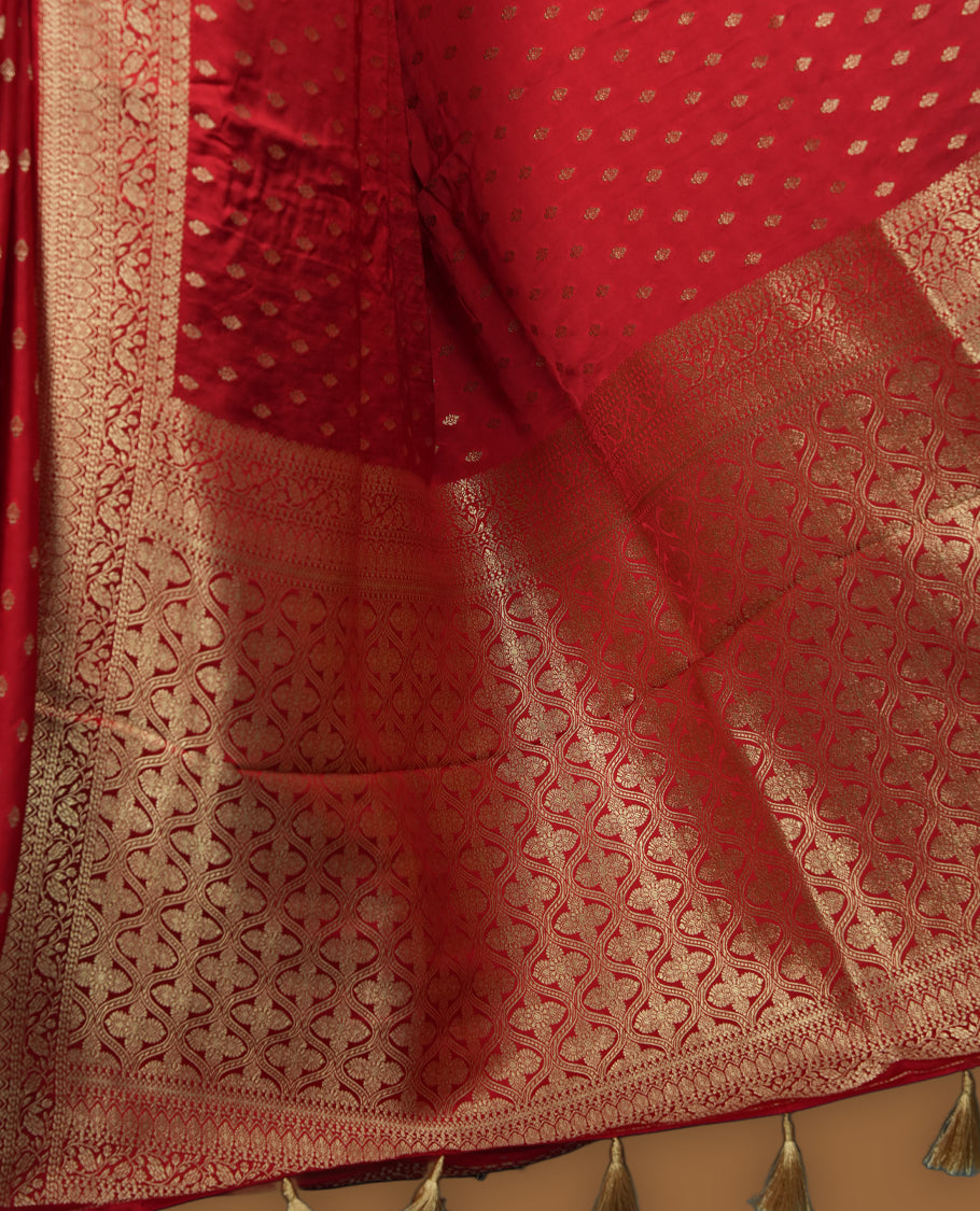 Red Colour semi Banaras satin crepe saree with Silver Zari Buti Motifs, Traditional Gold Border, Elaborate Woven Pallu, Decorative Tassels, with Matching Blouse