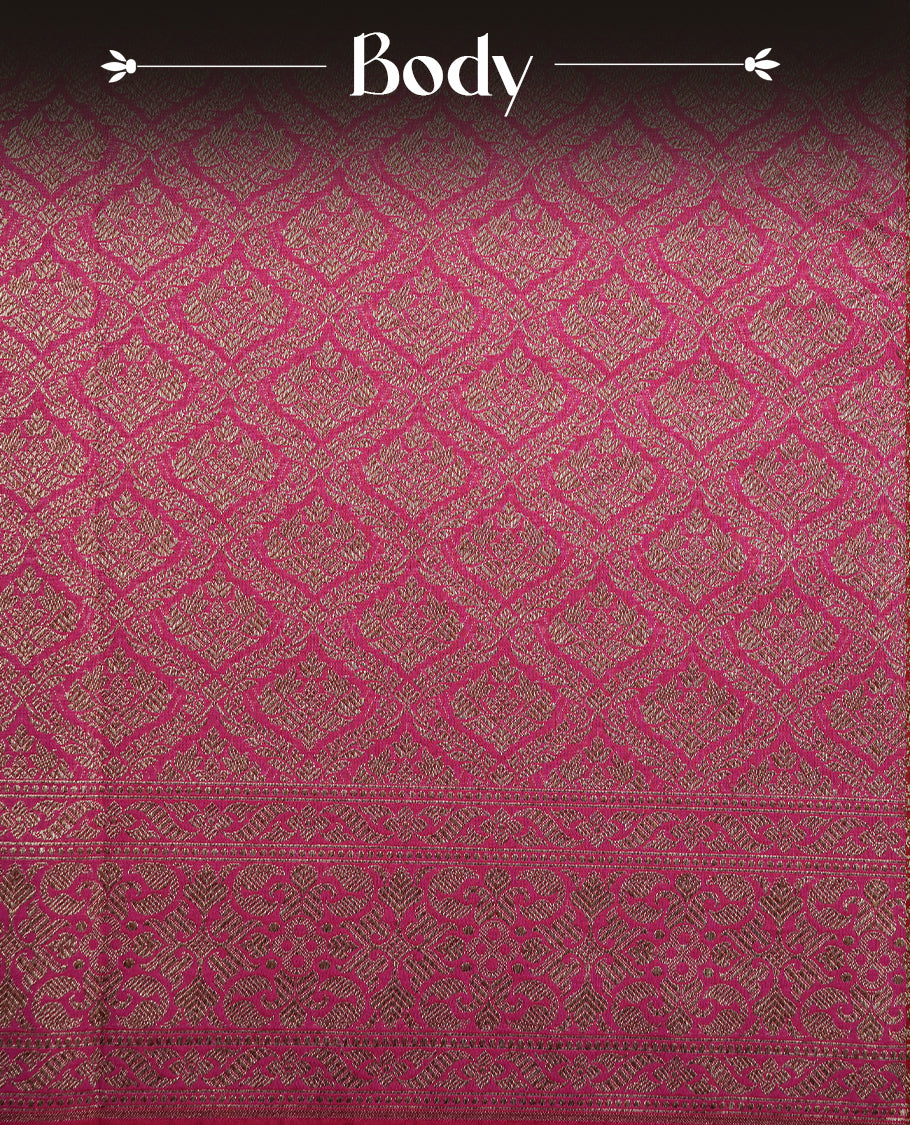 Pink Colour Semi Banarasi Katan Silk Saree with Gold Zari Buti Motifs, Traditional Gold Floral Pallu, Elaborate Woven Border, Decorative Tassels with Matching Blouse