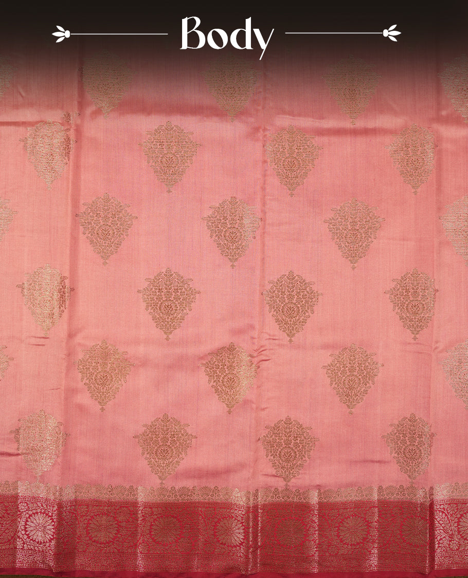 Soft Pink Colour Banaras Soft Silk Saree with Gold Zari Rounded Diamond Buttas, Intricate Multi-Layered Floral Border, Grand Pallu with Intricate Floral Motifs in Deep Red and Gold Tones, and Matching Blouse.
