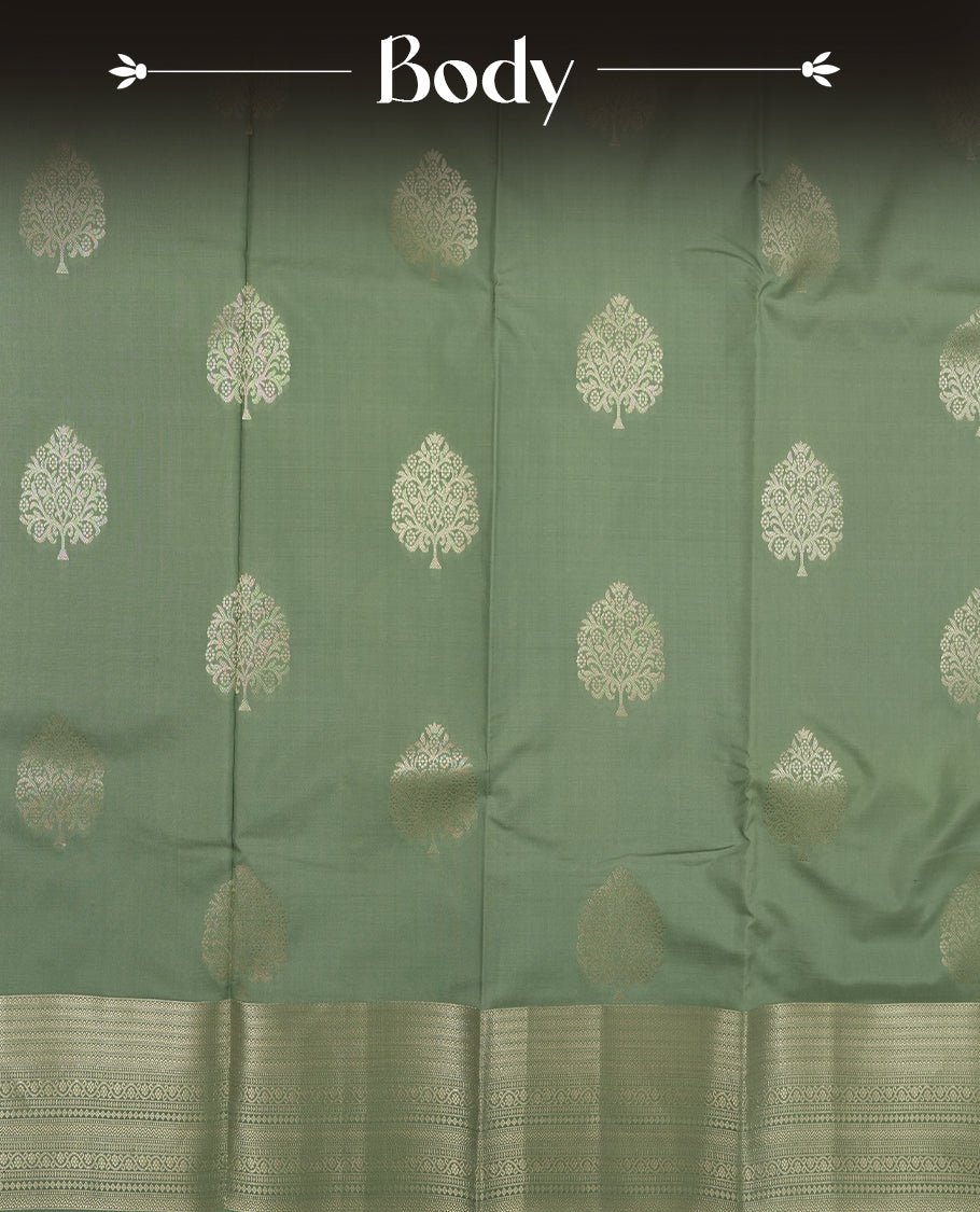 Pastel Mint colour semi soft silk saree featuring a self coloured golden textured patterned body, complemented by self coloured with gold traditional motifs on pallu & border and a matching blouse piece.