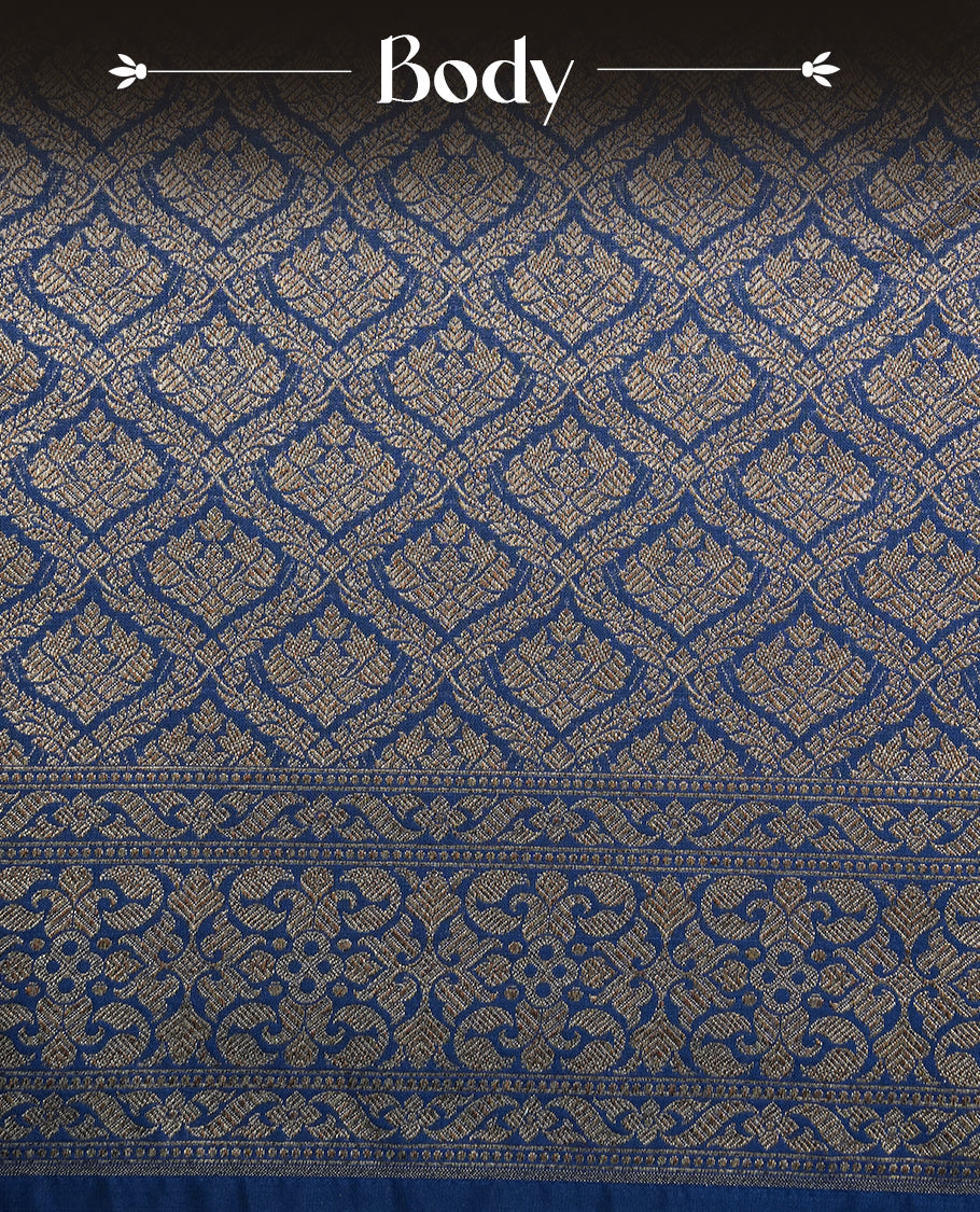 Blue Colour Semi Banarasi Katan Silk Saree with Gold Zari Buti Motifs, Traditional Gold Floral Pallu, Elaborate Woven Border, Decorative Tassels with Matching Blouse