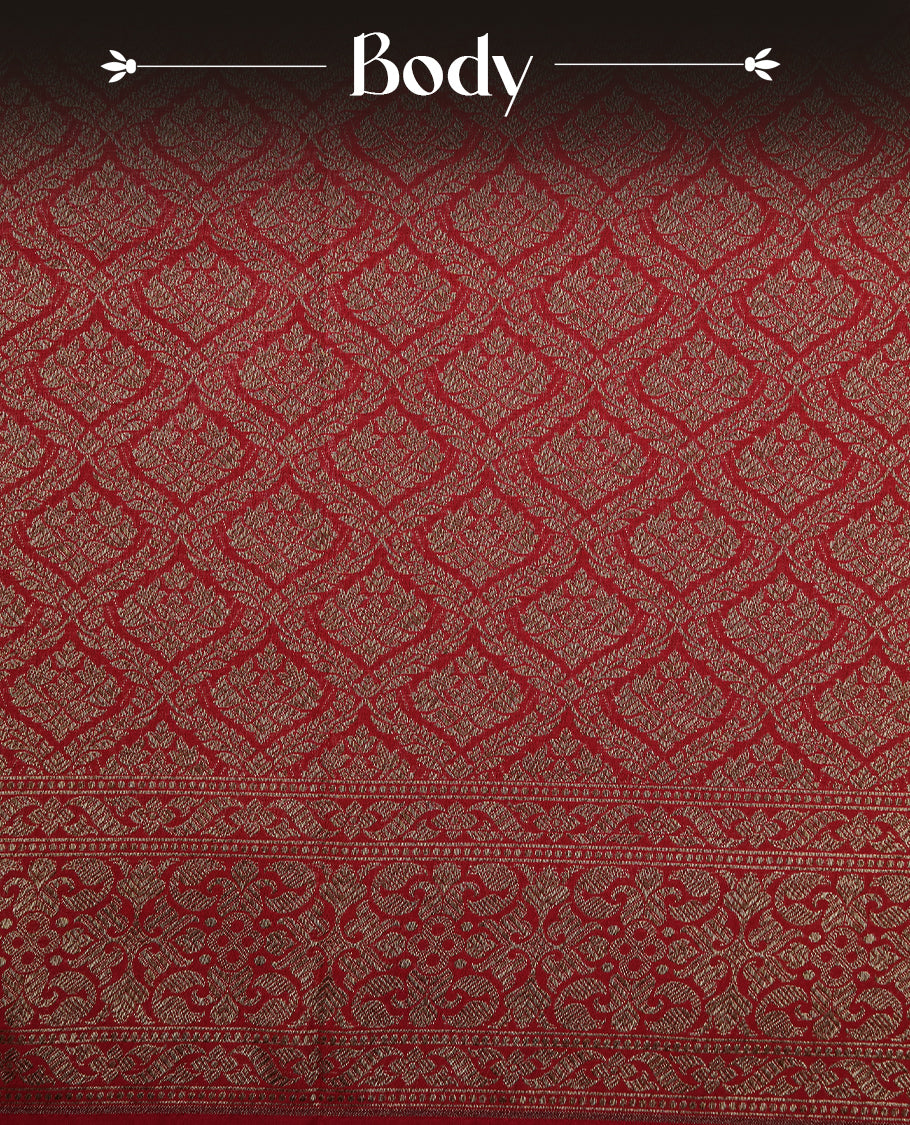 Red Colour Semi Banarasi Katan Silk Saree with Gold Zari Buti Motifs, Traditional Gold Floral Pallu, Elaborate Woven Border, Decorative Tassels with Matching Blouse