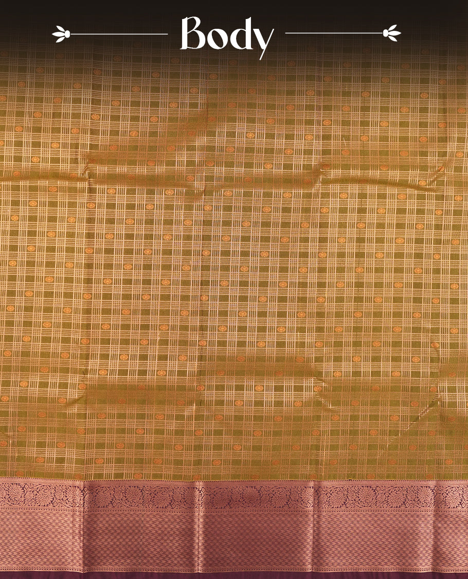 Khaki green colour Semi Silk Saree with gold zari stripes on the body, paired with a contrast Dark brown colour pallu with gold zari traditioal border, and a matching blouse piece.