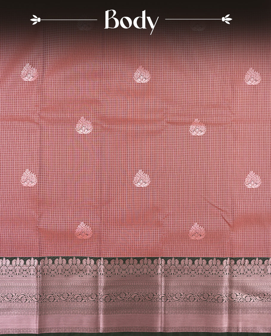 Rose taupe colour Semi Silk Saree with rose gold zari check pattern on the body, paired with a contrast Dark green colour pallu with rose gold zari traditioal border, and a matching blouse piece.