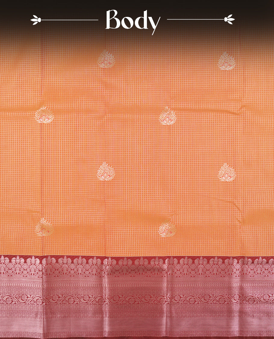 Mustard orange colour Semi Silk Saree with gold zari stripes on the body, paired with a contrast deep red colour pallu with rose gold zari traditioal border, and a matching blouse piece.