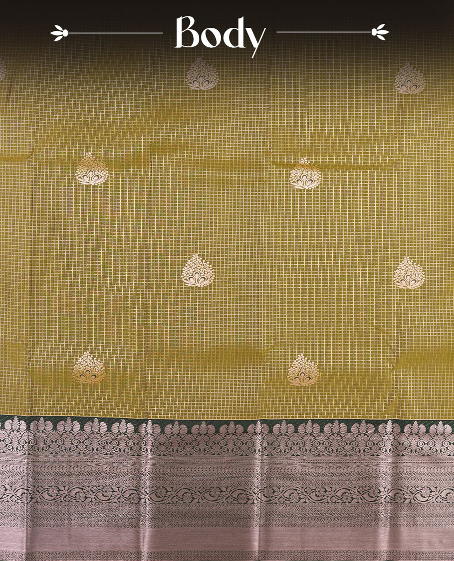 Olive brown colour Semi Silk Saree with copper zari checkered on the body, paired with a contrast Dark green colour pallu with Rose gold zari traditioal border, and a matching blouse piece.
