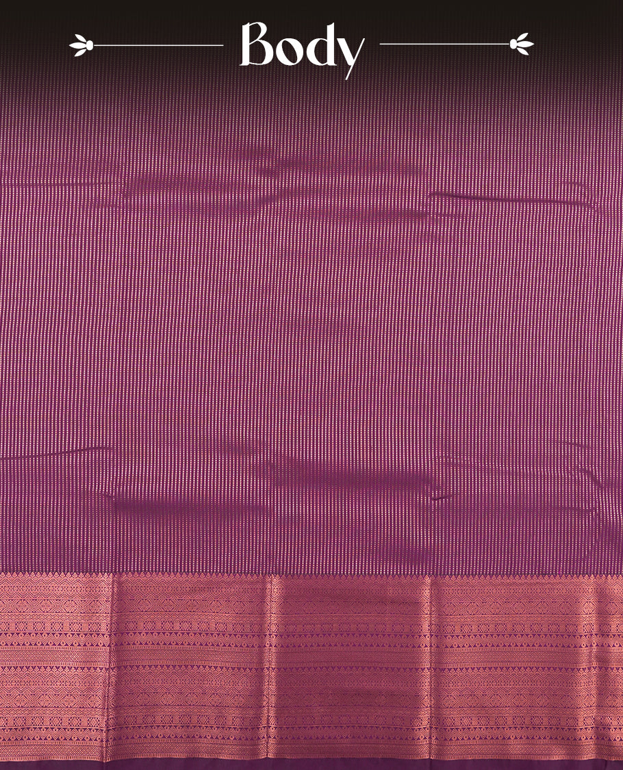 Dark Purple colour Semi Silk Saree with copper zari stripes on the body, paired with a contrast Khaki green colour pallu with copper zari traditioal border, and a matching blouse piece.