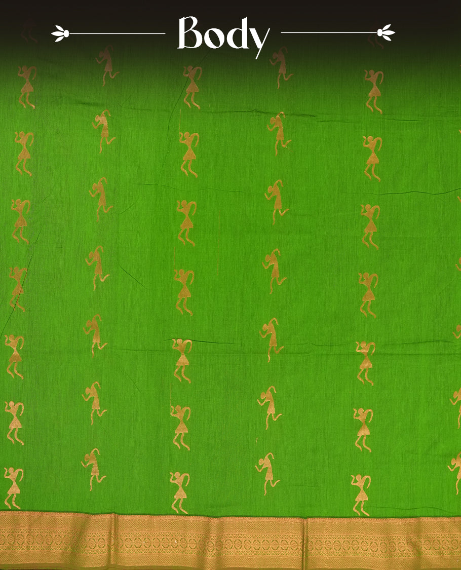 Green and maroon Kalyani cotton saree featuring elegant dancer motifs on the body with golden zari, complemented by a rich contrast zari border and paired with a matching blouse.