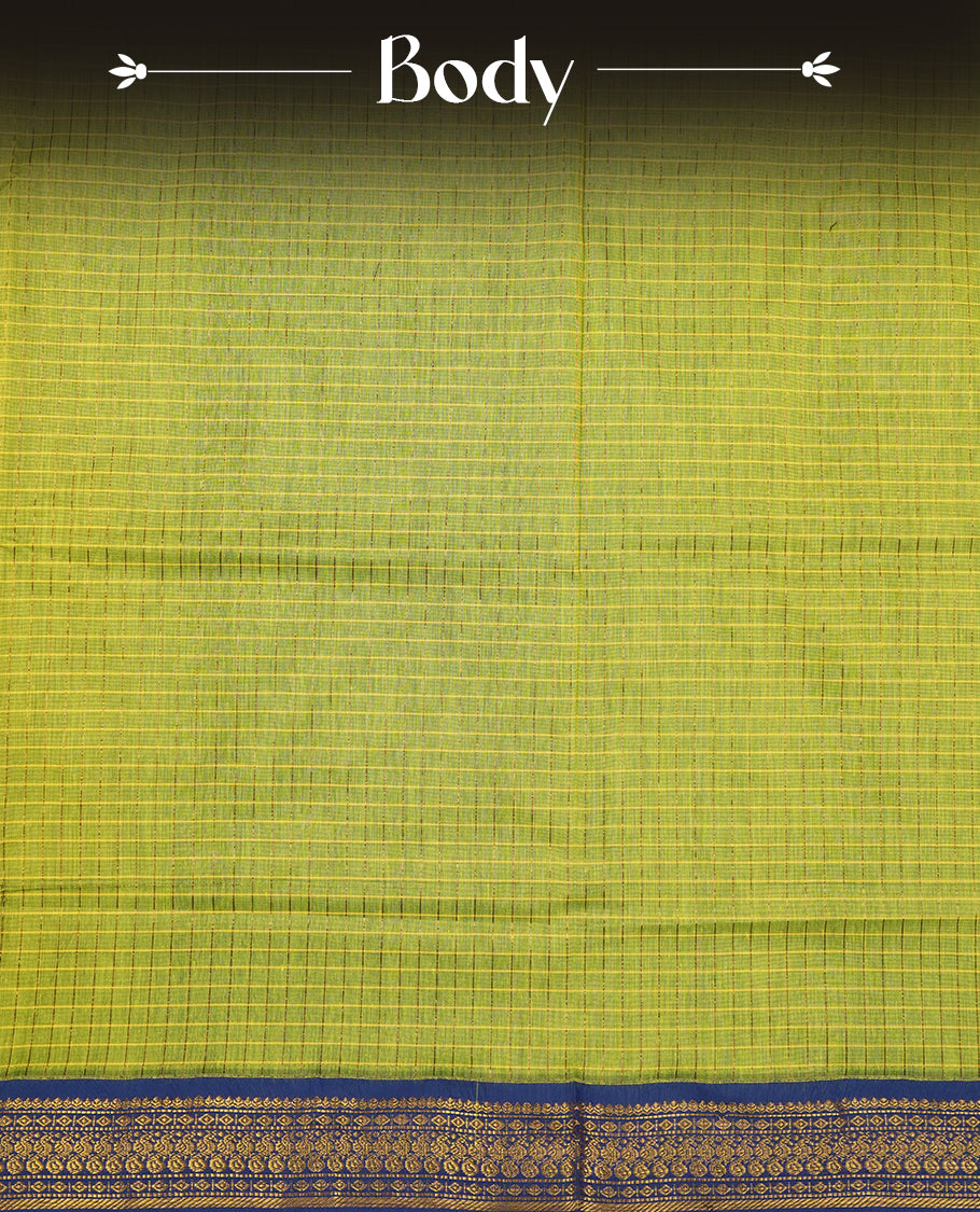 Lime Green coloured mixed Kalyani cotton saree featuring golden zari checks on the body, complemented by a royal blue coloured border and pallu adorned with golden zari patterns, Paired with a matching blouse.