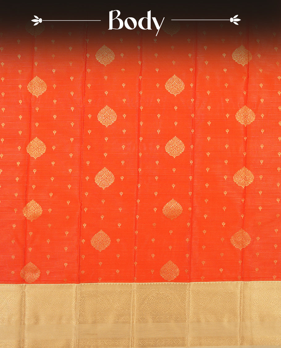 Orange colour Semi Silk Saree with gold zari striped patterns on the body, paired with a contrasting Cream colour traditional pallu and border, and a matching blouse piece.