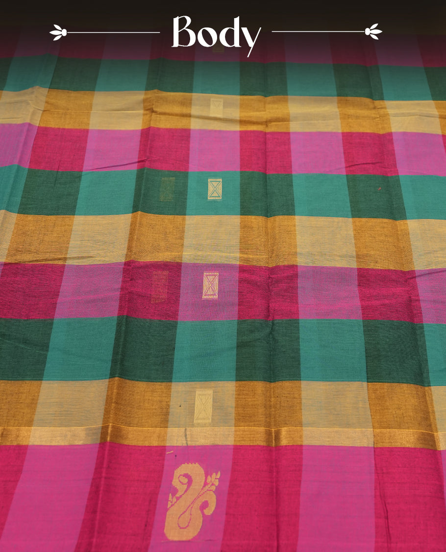 Multi-Colour Checkered Silk Cotton Saree with Golden Zari Butta Body, Contrast Golden Zari Pallu & Border, Floral and Peacock Motifs, and Matching Striped Blouse Piece