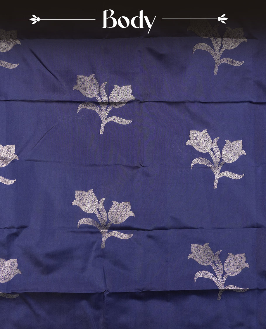 Navy Blue Colour semi Silk Saree with Silver Zari Woven Floral Motifs, Elaborate Silver Zari Pallu and Border with Traditional Patterns and Tassels, Paired with Coordinated Blouse Piece