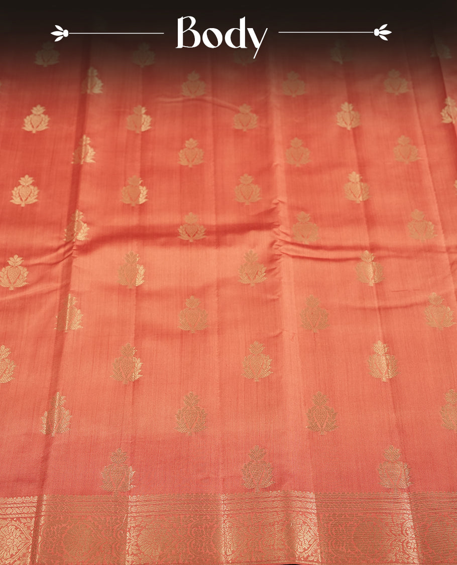 Rust orange colour pure banarasi tussar saree adorned with delicate golden motifs all over the body, complemented by an intricate Banarasi style silver zari border & Comes with a matching blouse piece.