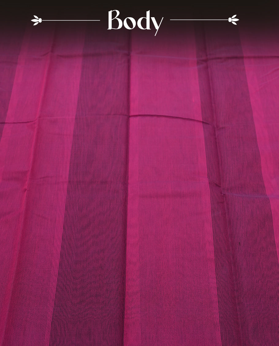 Magenta Pink Colour Silk Cotton Saree with Self Textured Striped Body, Contrasting Purple Striped Pallu & Border, Multi-Line Patterns, and Matching Purple Woven Blouse Piece
