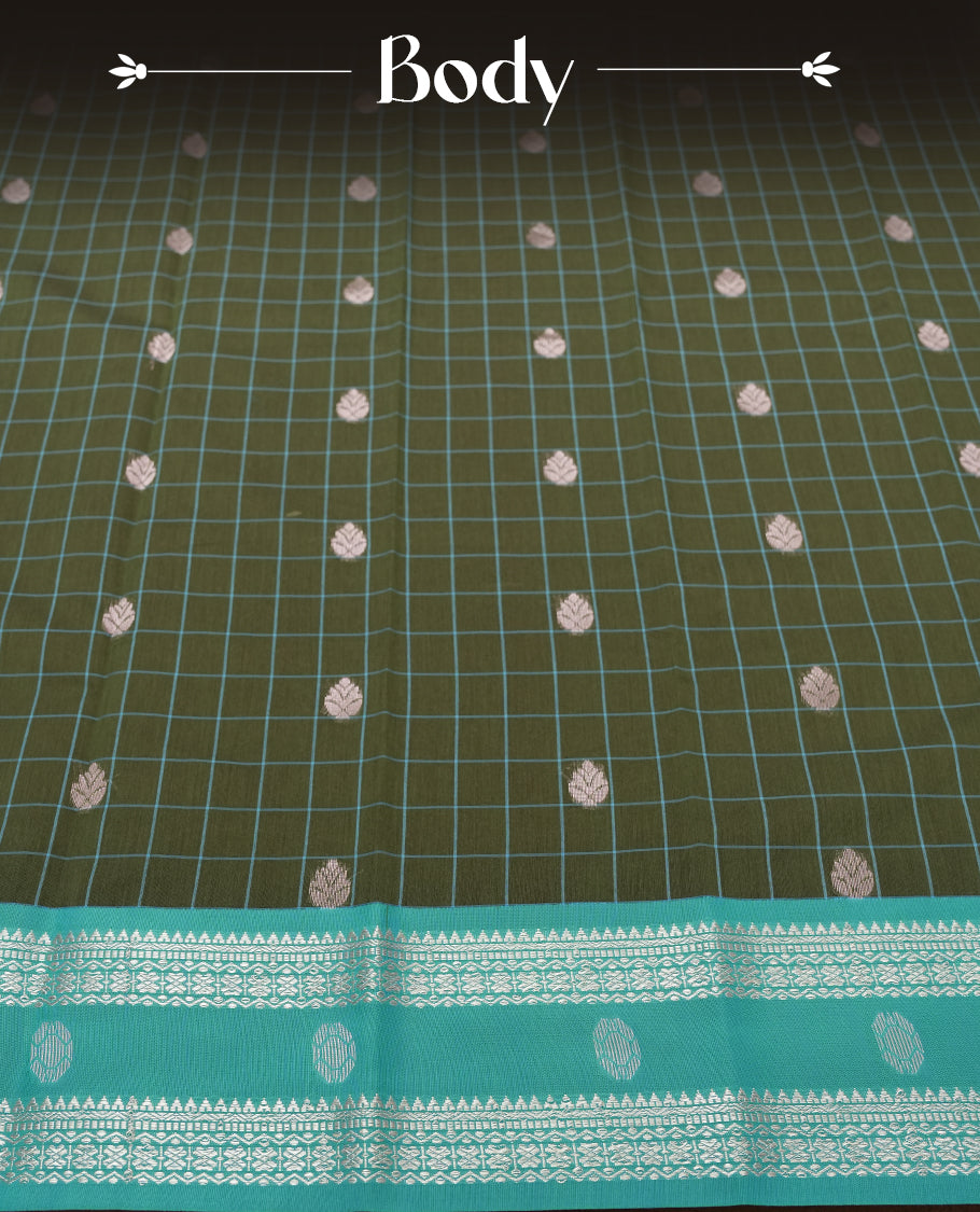 Olive Green Silk Cotton Saree with Silver Butta Body, Accented by Teal and Silver Zari Geometric Border on Teal Pallu, Paired with Matching Blouse Piece