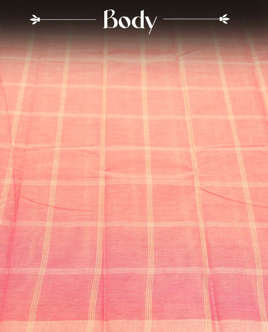 Light Pink Colour Silk Cotton Saree with cream Checkered Body, Contrasting cream Striped Pallu & Border, Multi-Line Patterns, and Matching Striped Blouse Piece