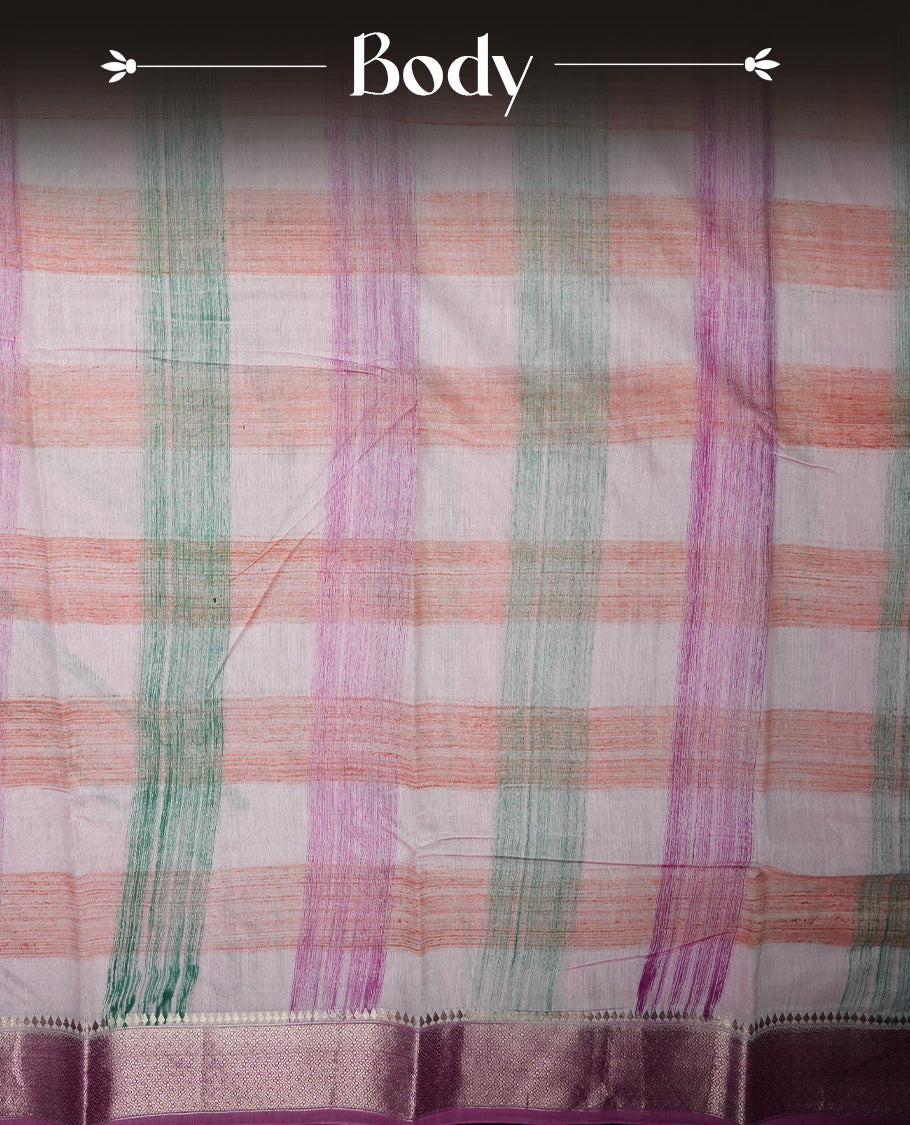 Pastel pink colour mixed chanderi cotton saree featuring checkered body, with silver zari border, and matching checkered blouse.